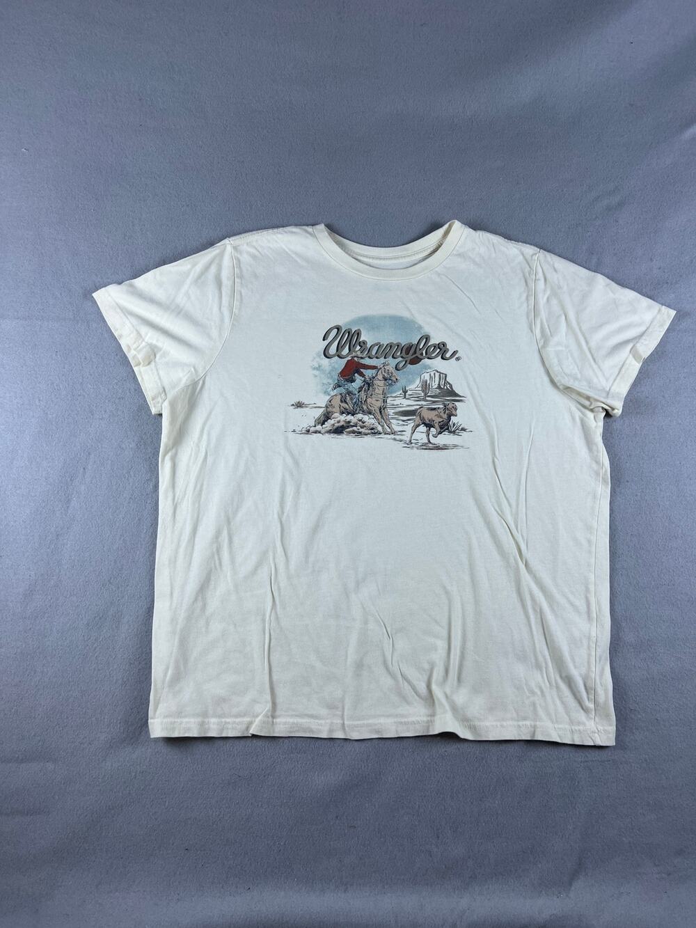 Wrangler T-Shirt Mens XL Cream Cowboy Horse Calf Roping Rodeo Western Graphics